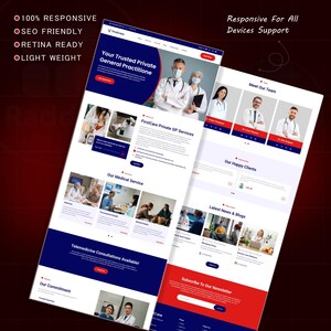 May include: Two website mockups with a red and blue color scheme. The websites display medical information, including "Your Trusted Private General Practitione" and "FirstCare Private GP Services". Text includes "100% RESPONSIVE", "OSEO FRIENDLY", "ORETINA READY", and "LIGHT WEIGHT".