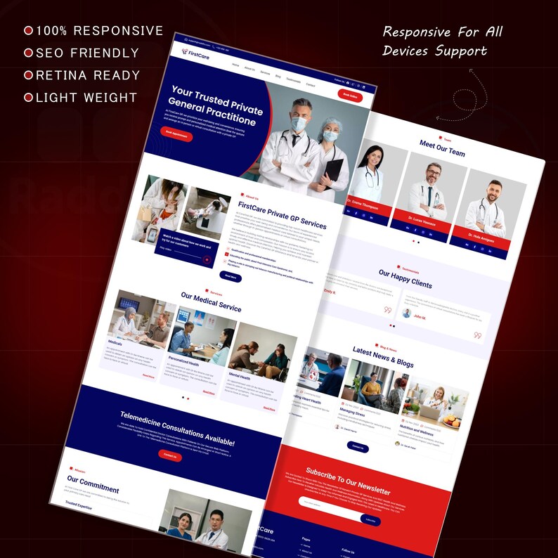 May include: Two website mockups with a red and blue color scheme. The websites display medical information, including "Your Trusted Private General Practitione" and "FirstCare Private GP Services". Text includes "100% RESPONSIVE", "OSEO FRIENDLY", "ORETINA READY", and "LIGHT WEIGHT".