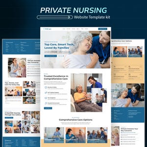 Puede incluir: Un kit de plantilla de sitio web para servicios de enfermer&iacute;a privada. El dise&ntilde;o presenta una combinaci&oacute;n de colores azul y blanco con im&aacute;genes de cuidadores y pacientes. El texto incluye "Private Nursing" y "Website Template kit."