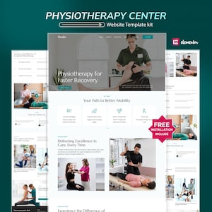 Könnte beinhalten: Ein Website-Template-Kit für ein Physiotherapiezentrum. Das Design zeigt einen tealfarbenen Header mit dem Text "PHYSIOTHERAPY CENTER" und "Website Template kit". Der Hauptinhalt umfasst Bilder von Physiotherapie-Sitzungen und den Text "Physiotherapy for Faster Recovery".