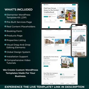 May include: A digital mockup showcasing a website design on a tablet and smartphone. The website features real estate listings with the text "Find Your Dream Home In The Perfect Neighborhood." The image also includes a list of included features.