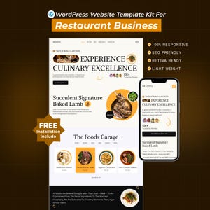 May include: A website template kit for restaurant businesses. The design includes a website layout with food images, a mobile phone mockup, and text that reads "Experience Culinary Excellence." The design also includes the text "Free Installation Include."