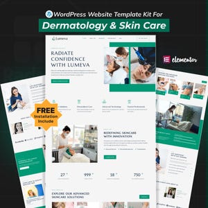 May include: A website template kit for dermatology and skincare, with a green and white colour scheme. The design includes the Lumeva logo, images of skincare treatments, and the text "RADIATE CONFIDENCE WITH LUMEVA". It also includes the text "FREE Installation Include".