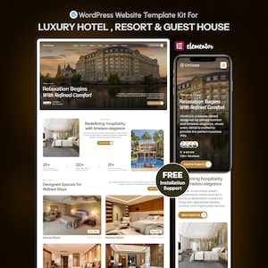 Op de afbeelding: Een website templates kit voor luxe hotels, resorts en pensions. Het ontwerp omvat een website-indeling en een mobiele telefoon mockup met de functies van de site. De tekst bevat "Relaxation Begins With Refined Comfort."