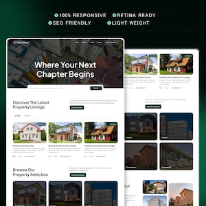 K&ouml;nnte beinhalten: Eine Website-Oberfl&auml;che f&uuml;r eine Immobilienplattform, die Immobilienangebote pr&auml;sentiert. Das Design zeichnet sich durch ein sauberes Layout mit Bildern von H&auml;usern, Text mit der Aufschrift &bdquo;Where Your Next Chapter Begins&ldquo; und Optionen zum Durchsuchen von Angeboten aus.