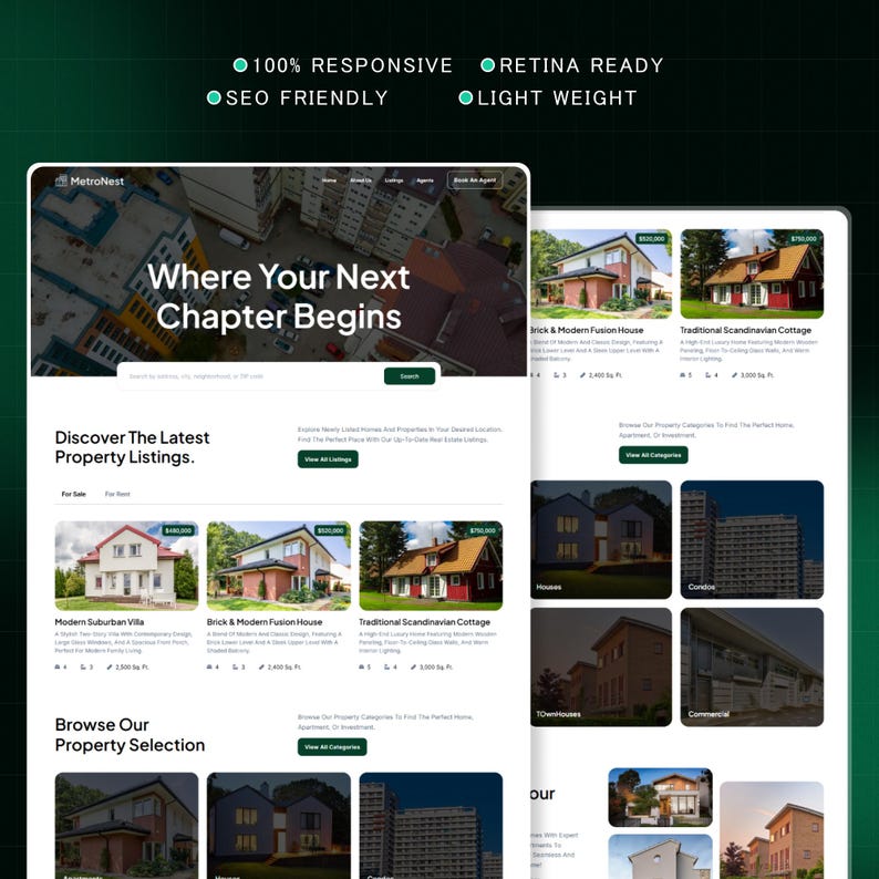 K&ouml;nnte beinhalten: Eine Website-Oberfl&auml;che f&uuml;r eine Immobilienplattform, die Immobilienangebote pr&auml;sentiert. Das Design zeichnet sich durch ein sauberes Layout mit Bildern von H&auml;usern, Text mit der Aufschrift &bdquo;Where Your Next Chapter Begins&ldquo; und Optionen zum Durchsuchen von Angeboten aus.