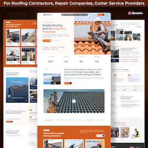 May include: A website template for roofing contractors featuring a white and orange colour scheme. The layout displays text including Reliable Roofing Built for Long-Term Protection, images of workers on roofs, and service statistics for roofing companies.