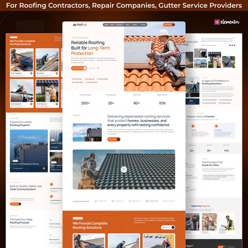 May include: A website template for roofing contractors featuring a white and orange colour scheme. The layout displays text including Reliable Roofing Built for Long-Term Protection, images of workers on roofs, and service statistics for roofing companies.
