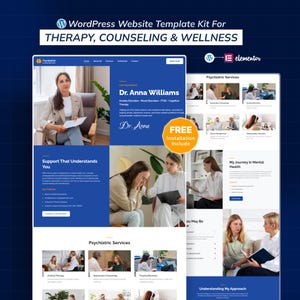 May include: A WordPress website template kit for therapy, counselling, and wellness. The design features a blue and white colour scheme with images of therapists and patients. Text includes "Dr. Anna Williams" and "Psychiatric Services."
