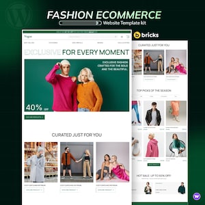 May include: A website template kit for fashion e-commerce. The design features a Vogue-branded layout with the text "EXCLUSIVE FOR EVERY MOMENT" and "40% OFF". The site showcases clothing and accessories, with a green and white color scheme.