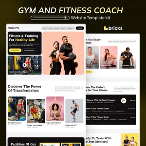 Puede incluir: Un kit de plantilla de sitio web para un entrenador de gimnasio y fitness. El diseño presenta una sección de fitness y entrenamiento, imágenes de personas haciendo ejercicio y secciones para entrenadores expertos y programas de fitness. El texto incluye "Fitness & Training For Healthy Life."