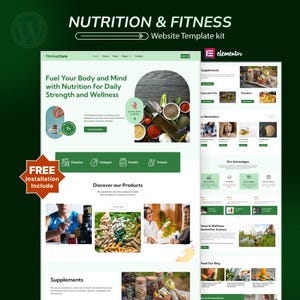 Può includere: Un kit di modelli di siti web in verde e bianco, che promuove la nutrizione e il fitness. La pagina include sezioni per integratori, oli essenziali e polveri. Il testo recita "Fuel Your Body and Mind with Nutrition for Daily Strength and Wellness."