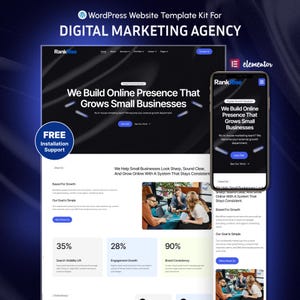 May include: A WordPress website template kit for a digital marketing agency named RankRise, featuring a desktop and mobile interface layout. The design includes text headers, statistics boxes, and a blue button labeled Free Installation Support.