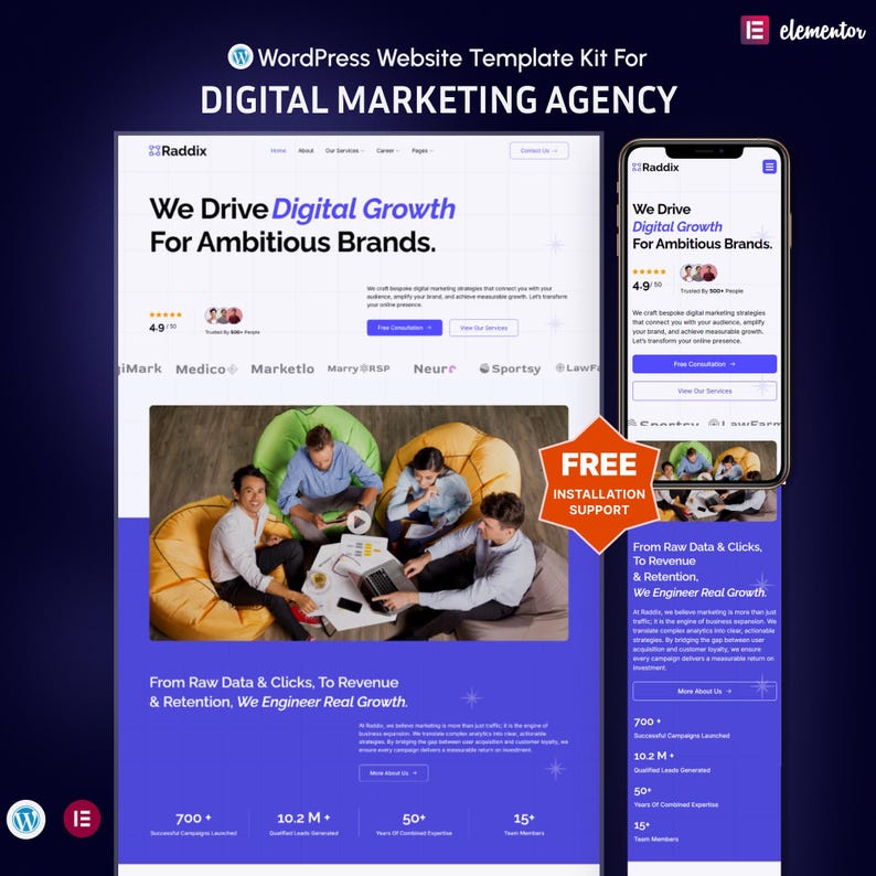 Puede incluir: Kit de plantilla de sitio web para agencia de marketing digital. La imagen muestra un dise&ntilde;o de sitio web en una computadora port&aacute;til y un tel&eacute;fono inteligente. El texto dice "We Drive Digital Growth For Ambitious Brands."