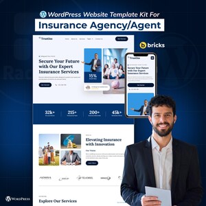 Op de afbeelding: Een website templates kit voor een verzekeringsagentschap of -agent. Het ontwerp omvat een desktop- en mobiele weergave, met de diensten van het agentschap. De template bevat de tekst "Secure Your Future with Our Expert Insurance Services."