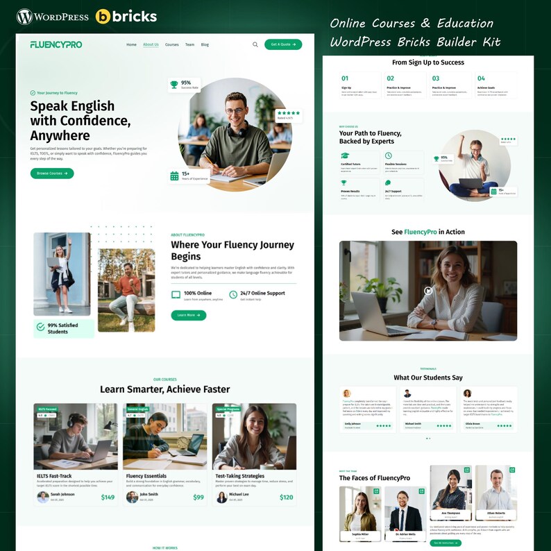 May include: A website design for an online education platform, FluencyPro, with a green and white color scheme. The site promotes English language learning with the text "Speak English with Confidence, Anywhere." It features images of students and course information.