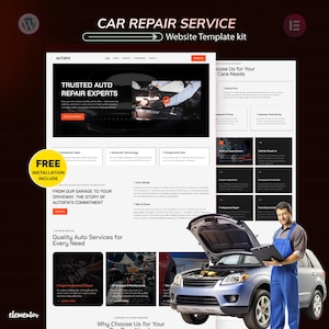 Op de afbeelding: Een website templateset voor autoreparatieservices. Het ontwerp toont een auto met open motorkap, een monteur met een klembord en website-mockups. Tekst omvat "Car Repair Service" en "Trusted Auto Repair Experts."