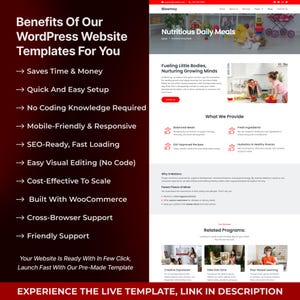 Puede incluir: Anuncio de plantillas de sitios web de WordPress, con el texto "Benefits Of Our WordPress Website Templates For You." El sitio web muestra un tema de alimentos y nutrici&oacute;n, con secciones sobre comidas diarias y programas relacionados.