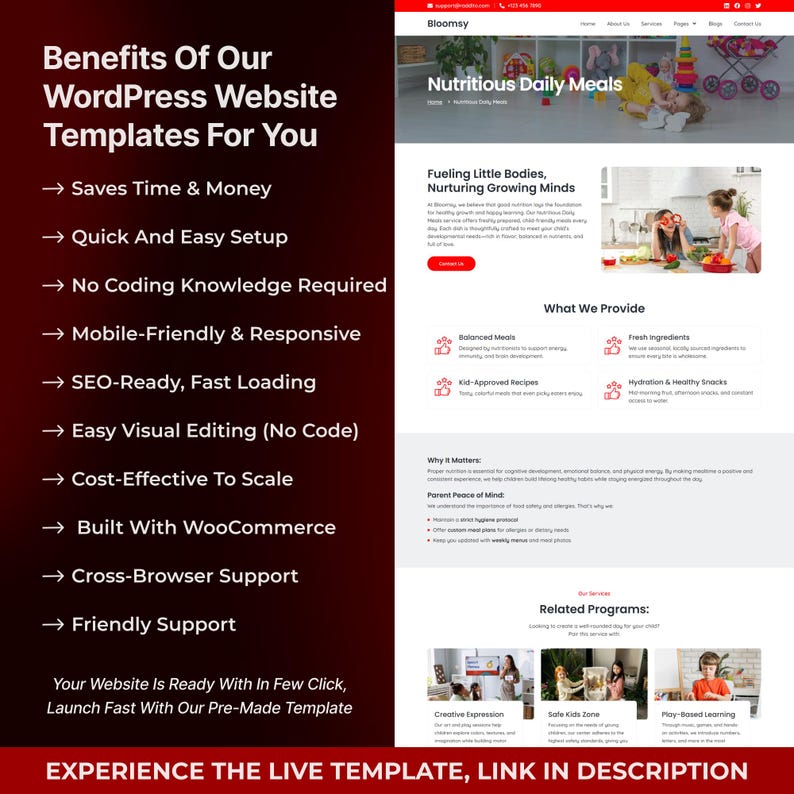 Puede incluir: Anuncio de plantillas de sitios web de WordPress, con el texto "Benefits Of Our WordPress Website Templates For You." El sitio web muestra un tema de alimentos y nutrici&oacute;n, con secciones sobre comidas diarias y programas relacionados.