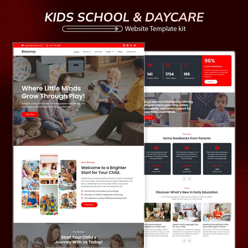Puede incluir: Un kit de plantilla de sitio web para una escuela y guarder&iacute;a infantil, con un dise&ntilde;o rojo y blanco. El dise&ntilde;o incluye secciones para servicios, testimonios y nuevos descubrimientos educativos. El texto dice "Where Little Minds Grow Through Play!"