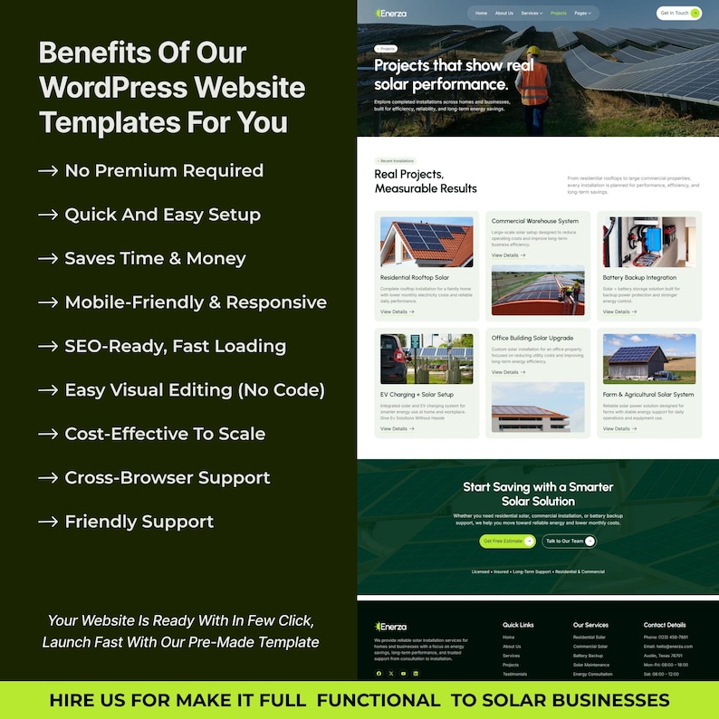 May include: A website template design for solar businesses. The webpage features a dark green and white color scheme with text that reads "Benefits of Our WordPress Website Templates For You." The website showcases solar panel installations and offers a "Start Saving" call to action.