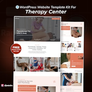 May include: A website template kit for a therapy centre, featuring a modern design with a focus on physiotherapy. The design includes sections for services, patient testimonials, and contact information. The text "Physiotherapy For Mind & Body" is visible.