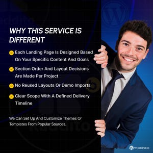 May include: A promotional image with the text "WHY THIS SERVICE IS DIFFERENT" and bullet points detailing the service's features. A smiling man in a suit is on the right side of the image. The WordPress logo is in the bottom right corner.