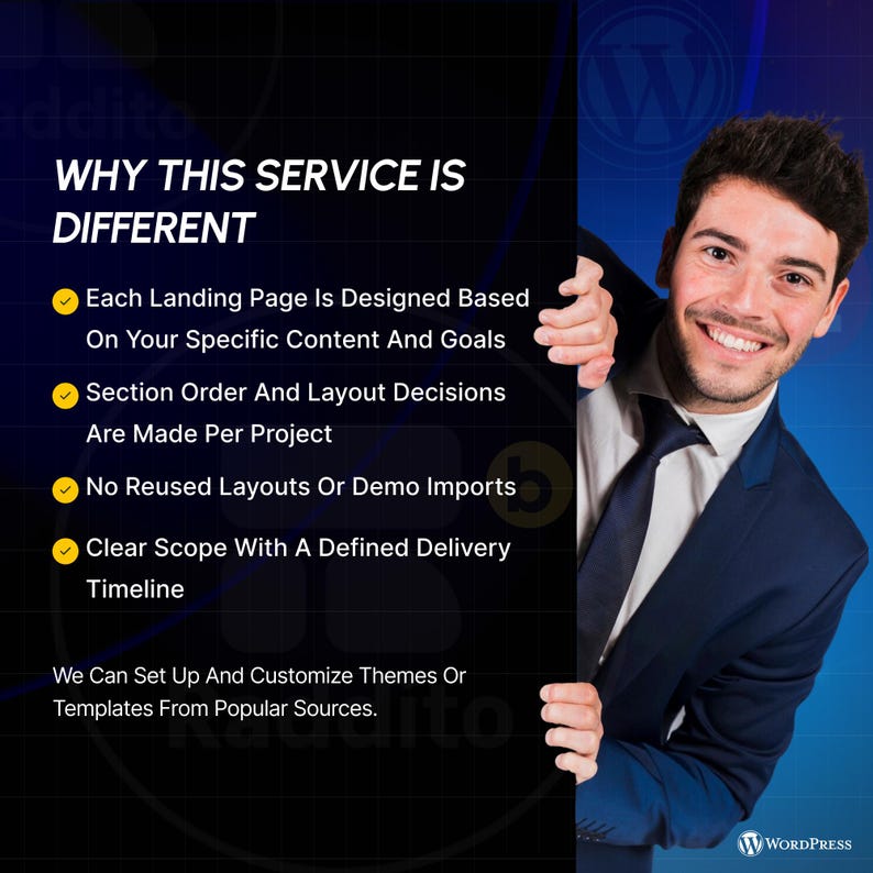 May include: A promotional image with the text "WHY THIS SERVICE IS DIFFERENT" and bullet points detailing the service's features. A smiling man in a suit is on the right side of the image. The WordPress logo is in the bottom right corner.