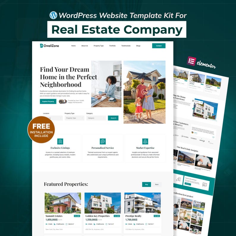 May include: A website template kit for a real estate company. The design features a clean layout with sections for featured properties, exclusive listings, and personalized service. The text "Find Your Dream Home in the Perfect Neighborhood" is displayed prominently.