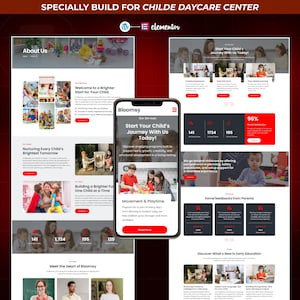 Puede incluir: Dise&ntilde;o web para una guarder&iacute;a, con un smartphone que muestra el logotipo "Bloomsy" y el texto "Start Your Child's Journey With Us Today!". El dise&ntilde;o incluye im&aacute;genes de ni&ntilde;os y texto sobre la educaci&oacute;n infantil.
