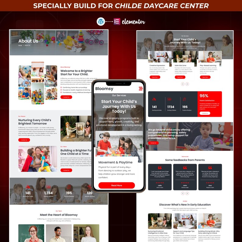 Puede incluir: Dise&ntilde;o web para una guarder&iacute;a, con un smartphone que muestra el logotipo "Bloomsy" y el texto "Start Your Child's Journey With Us Today!". El dise&ntilde;o incluye im&aacute;genes de ni&ntilde;os y texto sobre la educaci&oacute;n infantil.