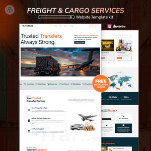 Könnte beinhalten: Website-Template-Kit für Fracht- und Cargo-Dienste. Das Design zeigt ein Website-Mockup mit einem LKW, der Fracht auf einer Landebahn transportiert, ein Flugzeug und eine Weltkarte. Der Text enthält "Trusted Transfers Always Strong."