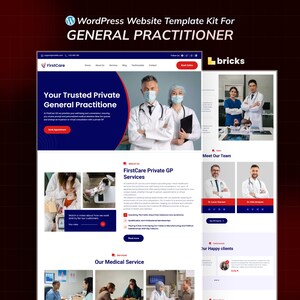 May include: A website template kit for a general practitioner, featuring a blue and white design. The site includes sections for services, team members, and client testimonials. The text "FirstCare" and "Book Appointment" are visible.