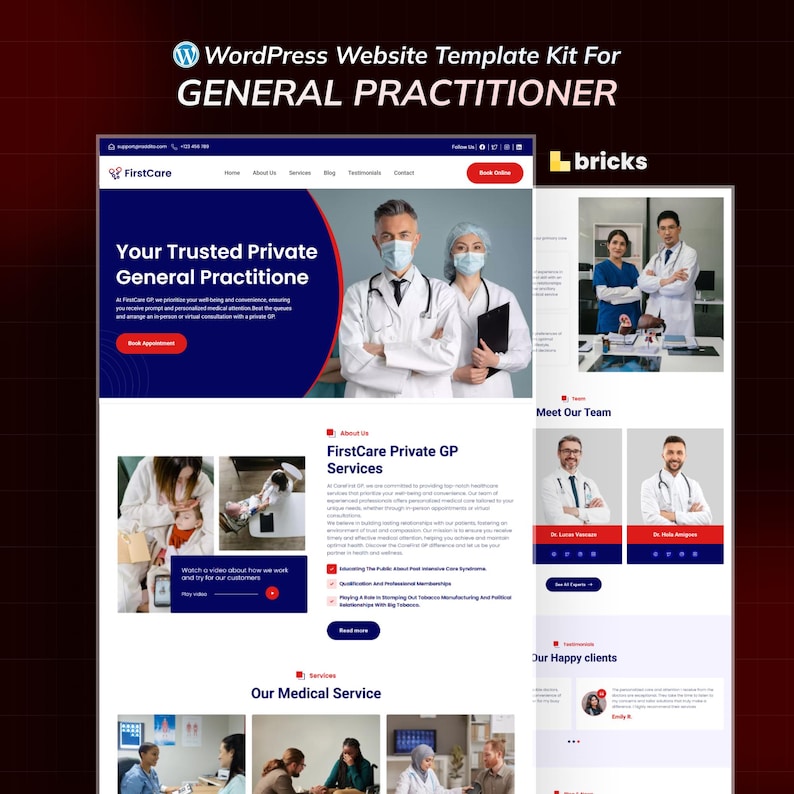 May include: A website template kit for a general practitioner, featuring a blue and white design. The site includes sections for services, team members, and client testimonials. The text "FirstCare" and "Book Appointment" are visible.