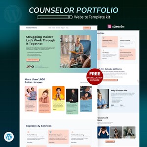 May include: A website template kit labelled "Counselor Portfolio" with a teal and white design. The template includes sections for services, reviews, and a call to action. The Elementor logo is visible.