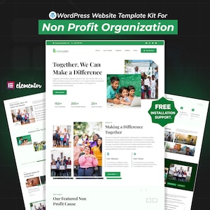 Puede incluir: Kit de plantilla de sitio web de WordPress para una organización sin fines de lucro. El diseño presenta una combinación de colores verde y blanco con el texto "Juntos, podemos marcar la diferencia". El diseño incluye imágenes de personas y niños.