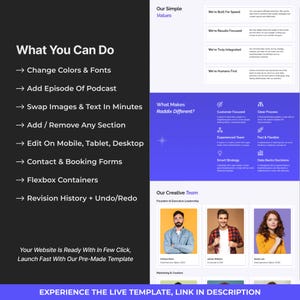 Puede incluir: Un dise&ntilde;o de plantilla de sitio web con texto e im&aacute;genes. El dise&ntilde;o destaca caracter&iacute;sticas como cambiar colores, agregar podcasts y editar en dispositivos m&oacute;viles. El texto incluye "What You Can Do" y "Experience the Live Template".