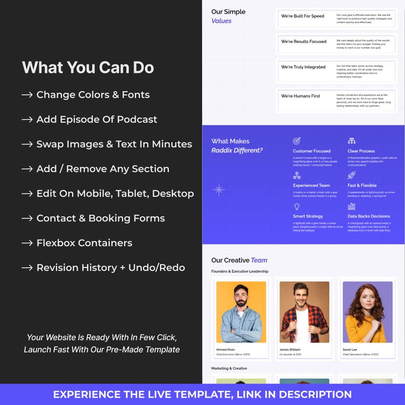 Puede incluir: Un dise&ntilde;o de plantilla de sitio web con texto e im&aacute;genes. El dise&ntilde;o destaca caracter&iacute;sticas como cambiar colores, agregar podcasts y editar en dispositivos m&oacute;viles. El texto incluye "What You Can Do" y "Experience the Live Template".