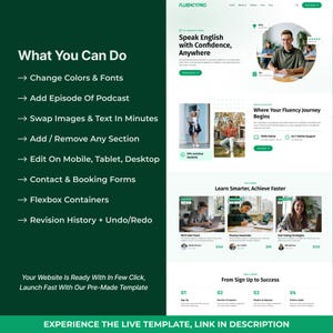 May include: A website design with a green and white color scheme. The page includes the text "Speak English with Confidence, Anywhere" and "What You Can Do". The website offers features like changing colors, adding podcasts, and editing on mobile devices.