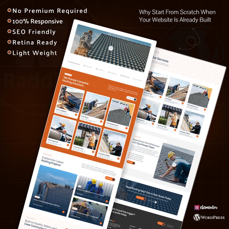 May include: A digital mockup of a roofing company website template featuring orange and white colour schemes, multiple images of roofers at work, and text including No Premium Required, 100% Responsive, SEO Friendly, Retina Ready, and Light Weight.