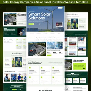 May include: A website template for solar energy companies and solar panel installers. The design features a green and white color scheme, with images of solar panels, wind turbines, and workers. The text includes "Smart Solar Solutions".