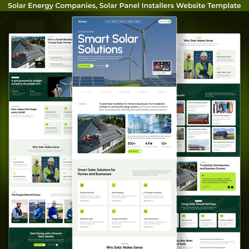 May include: A website template for solar energy companies and solar panel installers. The design features a green and white color scheme, with images of solar panels, wind turbines, and workers. The text includes "Smart Solar Solutions".