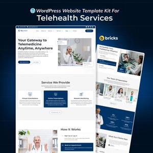Peut inclure: Un kit de modèle de site Web pour les services de télésanté. La conception comprend des maquettes de sites Web avec le texte "Your Gateway to Telemedicine Anytime, Anywhere" et "Service We Provide". Le modèle présente également les logos de "TELMED" et "bricks".