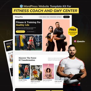 Puede incluir: Un kit de plantilla de sitio web para un entrenador de fitness y un gimnasio. El diseño presenta imágenes de personas haciendo ejercicio, con texto que dice "Fitness & Training For Healthy Life" y "Discover The Power Of Transformation". La plantilla incluye una oferta de "Instalación gratuita".