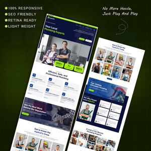 May include: Two website mockups with a dark green and blue colour scheme. The first mockup displays the text "Your Local Plumbing Experts" and "Efficient, Safe, and Professional Plumbing." The second mockup shows the text "Get to Know the HydroFix Crew" and "Fast, Reliable, Affordable Plumbing."
