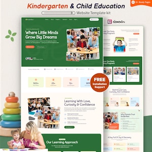 Puede incluir: Un kit de plantilla de sitio web para jardín de infancia y educación infantil con un diseño verde y blanco, múltiples diseños de página, imágenes educativas y texto que incluye "Kindergarten & Child Education" y "Where Little Minds Grow Big Dreams."