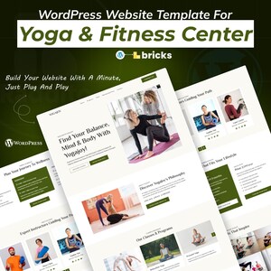 May include: A website template for a Yoga & Fitness Center. The design features a clean, modern layout with images of yoga poses and instructors. Text includes "Find Your Balance, Mind & Body With Yogajoy!" and "Build Your Website With A Minute, Just Plug And Play."