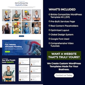 May include: An advertisement for website design services. The image features the text "Get to Know the HydroFix Crew" and "Fast, Reliable, Affordable Plumbing." It lists features and encourages contact for custom WordPress templates.