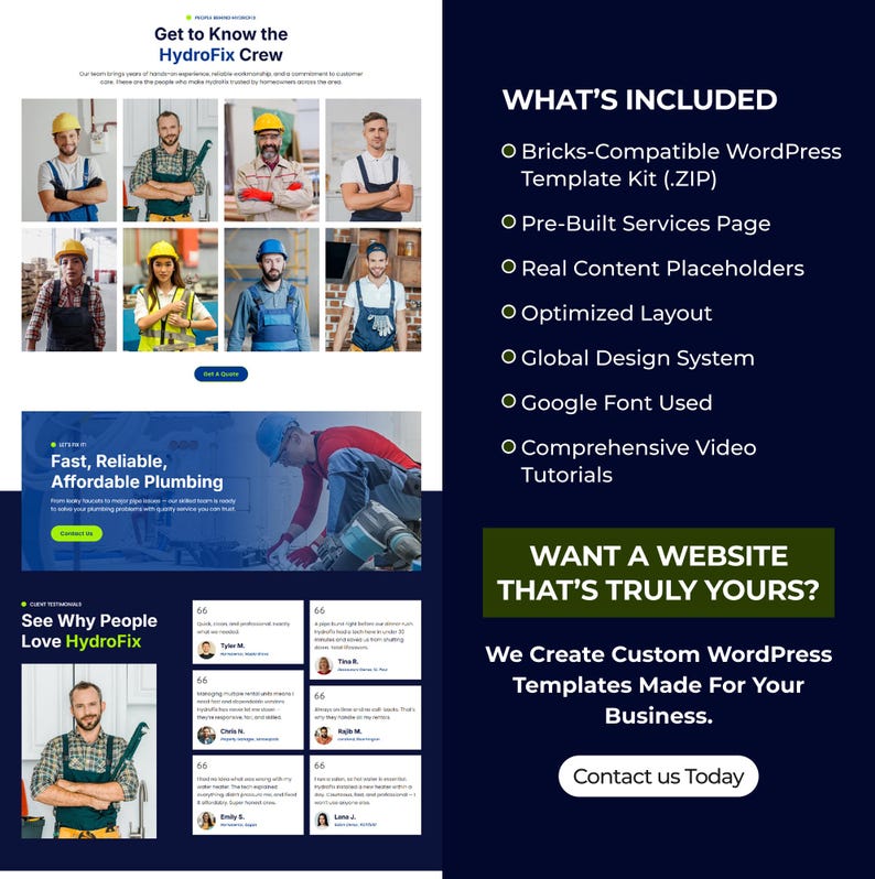 May include: An advertisement for website design services. The image features the text "Get to Know the HydroFix Crew" and "Fast, Reliable, Affordable Plumbing." It lists features and encourages contact for custom WordPress templates.