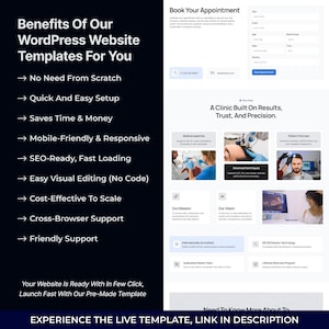 May include: A website template advertisement with the text "Benefits Of Our WordPress Website Templates For You". The ad highlights features like easy setup, mobile-friendliness, and SEO-readiness. A form to book an appointment is also visible.
